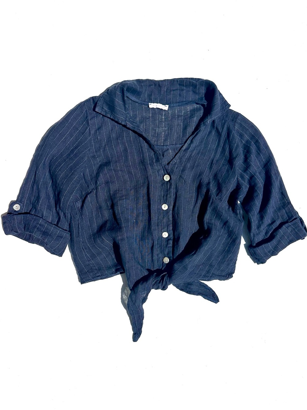 Milio Milano 100% Linen Italian Navy Pinstripe Tie-Front Women's Button Shirt, S